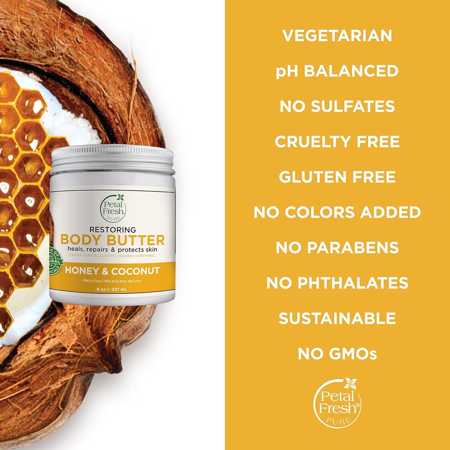 Transform Your Skin with Petal Fresh Pure Restoring Body Butter - Luxurious Honey & Coconut Oil Blend, 8 Fl Oz