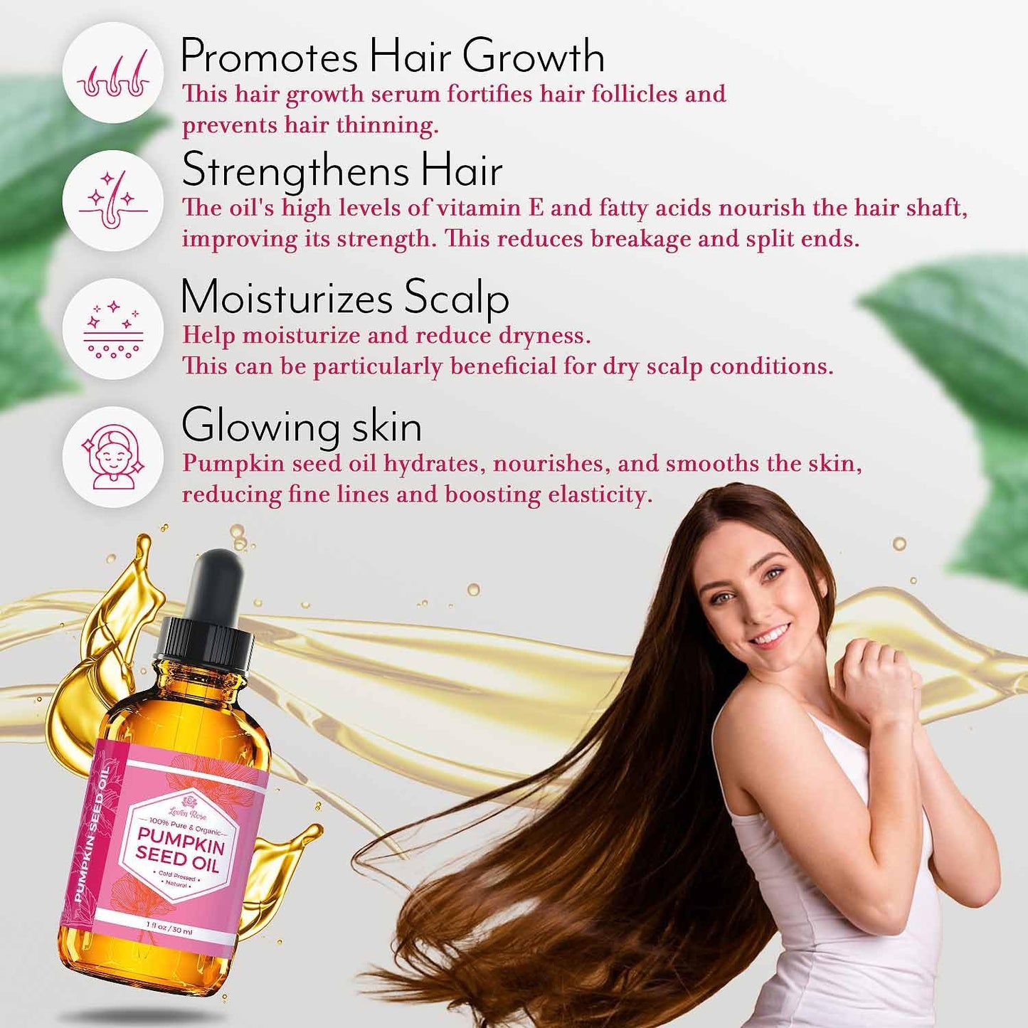 Leven Rose 100% Pure Pumpkin Seed Oil - 2 Oz for Hair Growth, Skin & Nails - Natural Moisturizer for Scalp & Dry Skin