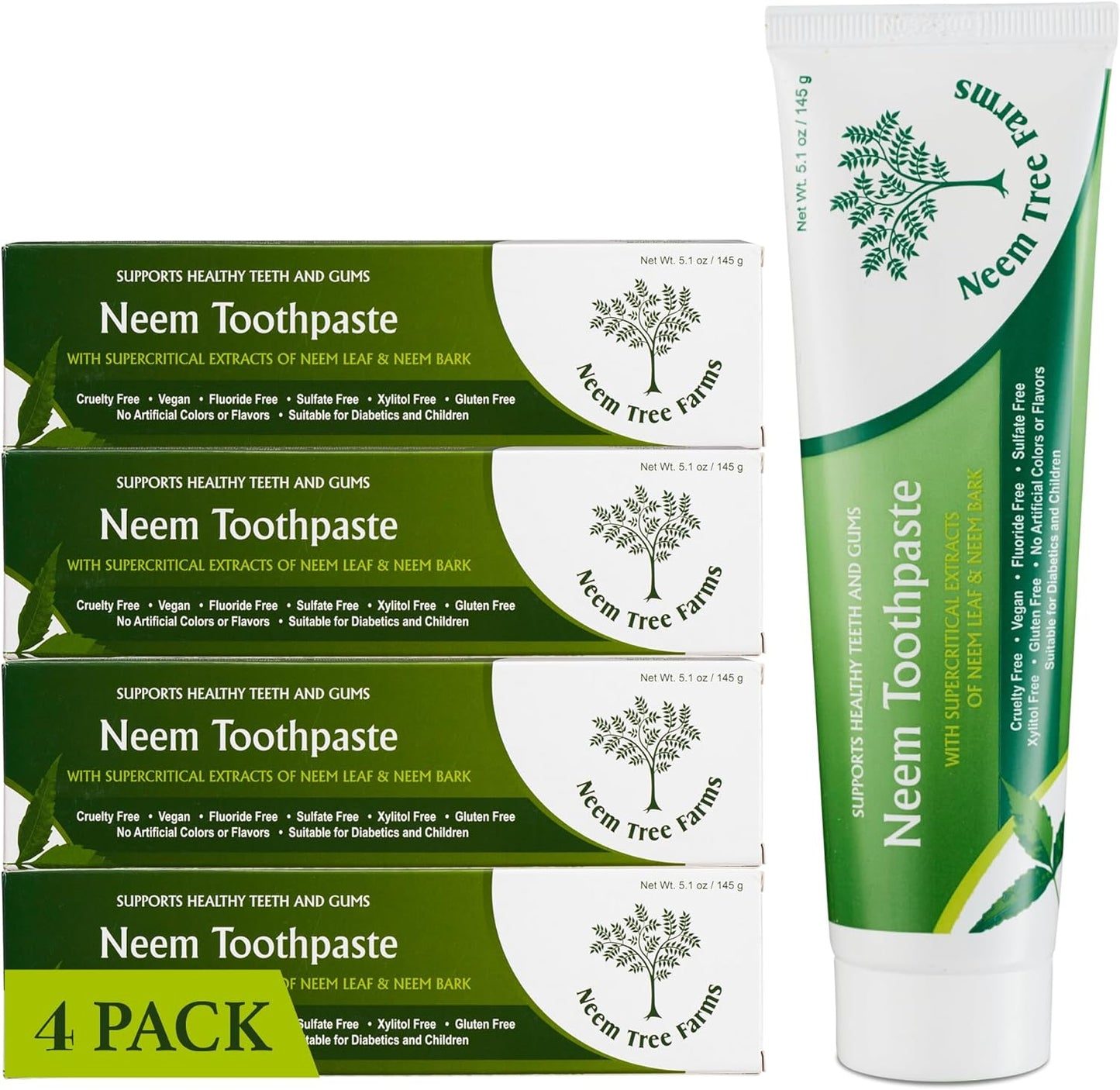 Neem Fluoride-Free Toothpaste - Family-Friendly, 100% Vegan & Natural, Gluten-Free, No Artificial Ingredients - Clove & Stevia (4 Pack)