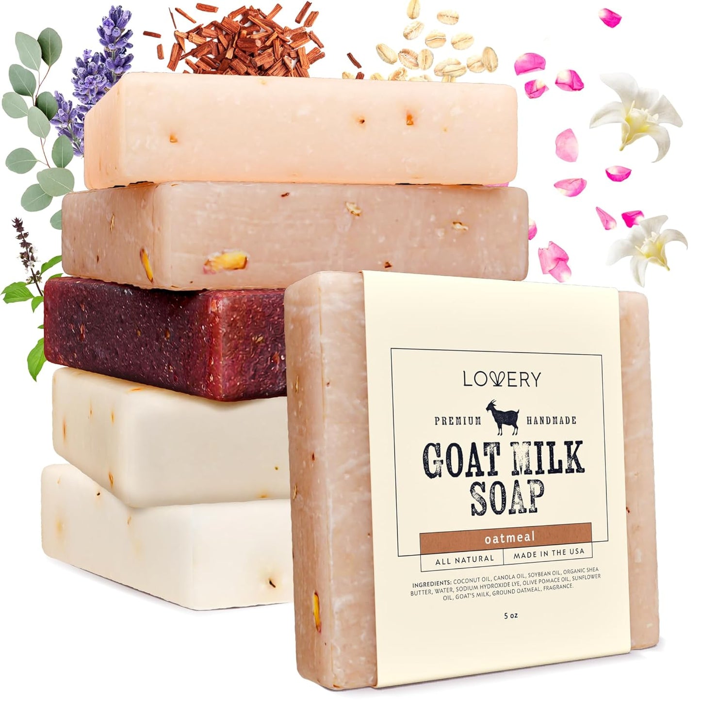Indulge in Luxury: LOVERY Goat Milk Soap with Organic Shea Butter - 5 Pack of All-Natural Soap Bars in Oatmeal, Eucalyptus Lavender, Moroccan Vanilla, Hydrangea Rose, Patchouli Sandalwood