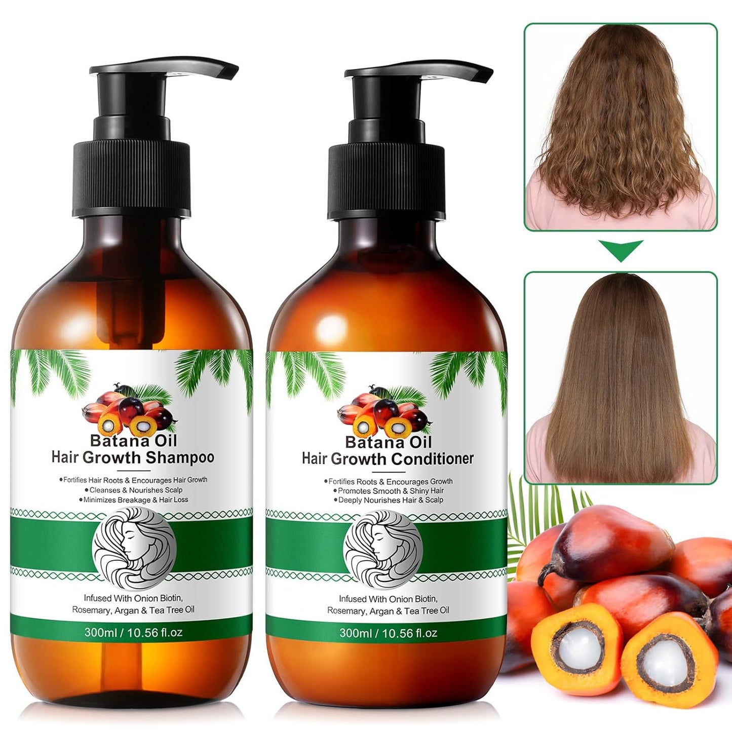 Batana Oil Shampoo & Conditioner Set - Organic Hair Thickening & Growth Formula for All - Paraben & Silicone Free, 2 x 10.56 Fl Oz