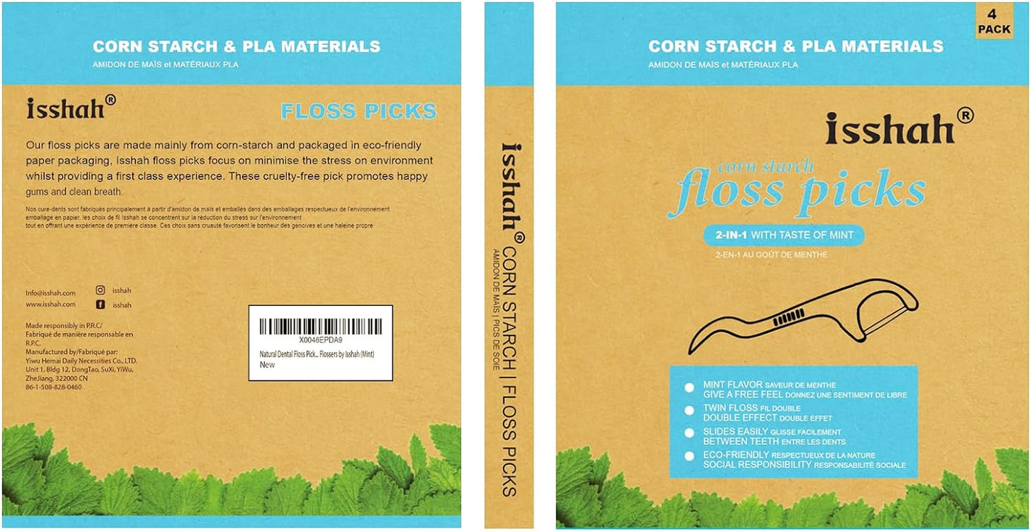 Eco-Friendly Natural Dental Floss Picks - 200 Count - PETA Approved, Vegan, Mint Flavor by Isshah