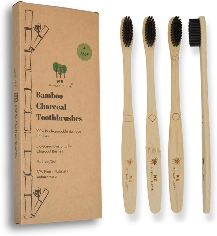 Eco-Friendly Bamboo Charcoal Toothbrush Pack - Medium Soft Bristles, Biodegradable & Sustainable (Set of 4)