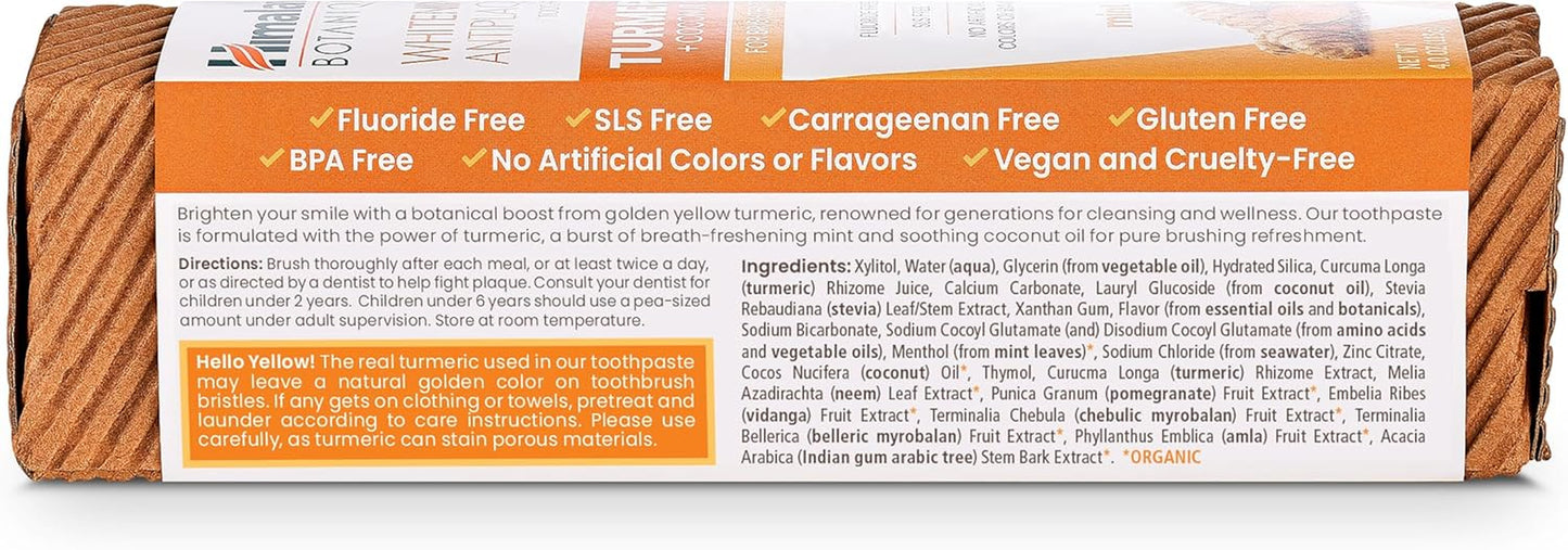 Himalaya Botanique Turmeric & Coconut Oil Whitening Toothpaste - Fluoride Free, Vegan, Antiplaque Formula with Mint Flavor - 4 Oz