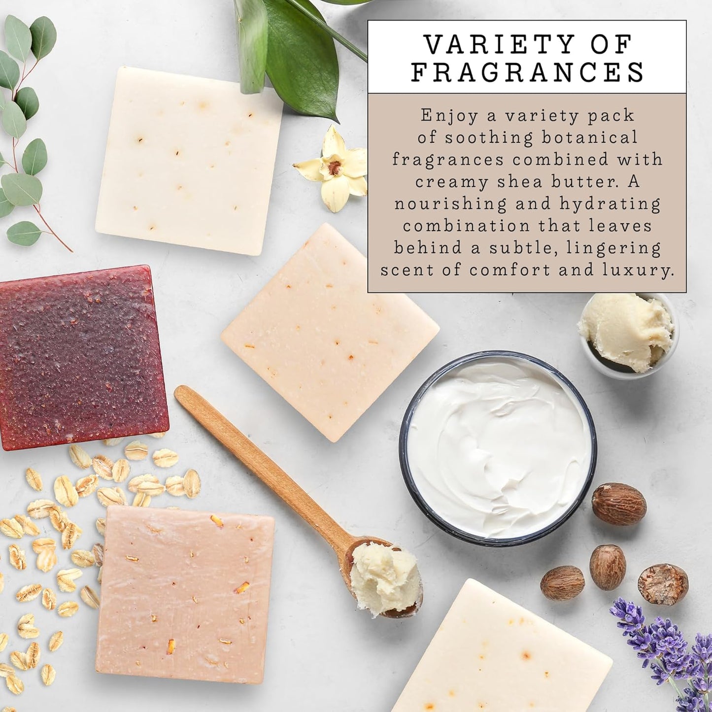 Indulge in Luxury: LOVERY Goat Milk Soap with Organic Shea Butter - 5 Pack of All-Natural Soap Bars in Oatmeal, Eucalyptus Lavender, Moroccan Vanilla, Hydrangea Rose, Patchouli Sandalwood