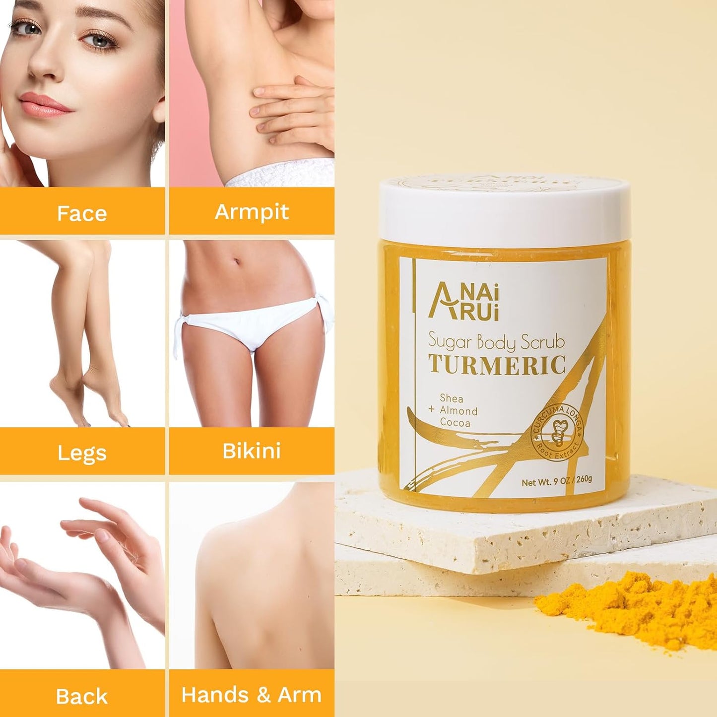 Revitalize Your Skin with ANAI RUI Turmeric Body Scrub - Exfoliating & Hydrating Sugar Scrub for Face, Body, Hands & Feet - 9 OZ