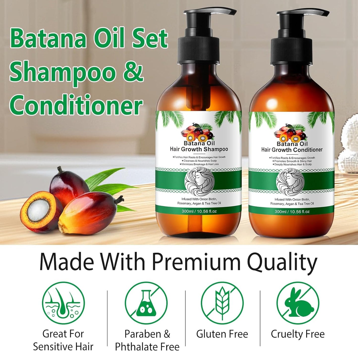 Batana Oil Shampoo & Conditioner Set - Organic Hair Thickening & Growth Formula for All - Paraben & Silicone Free, 2 x 10.56 Fl Oz