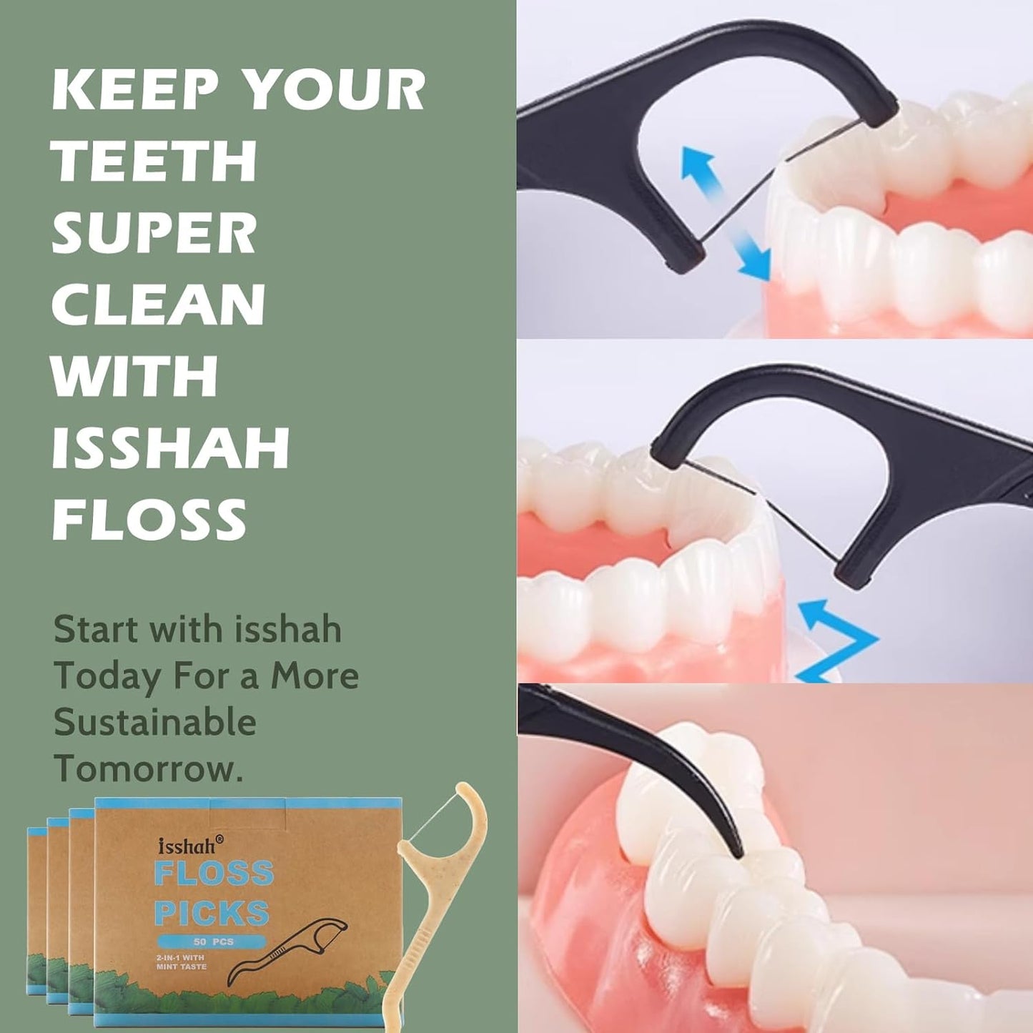 Eco-Friendly Natural Dental Floss Picks - 200 Count - PETA Approved, Vegan, Mint Flavor by Isshah