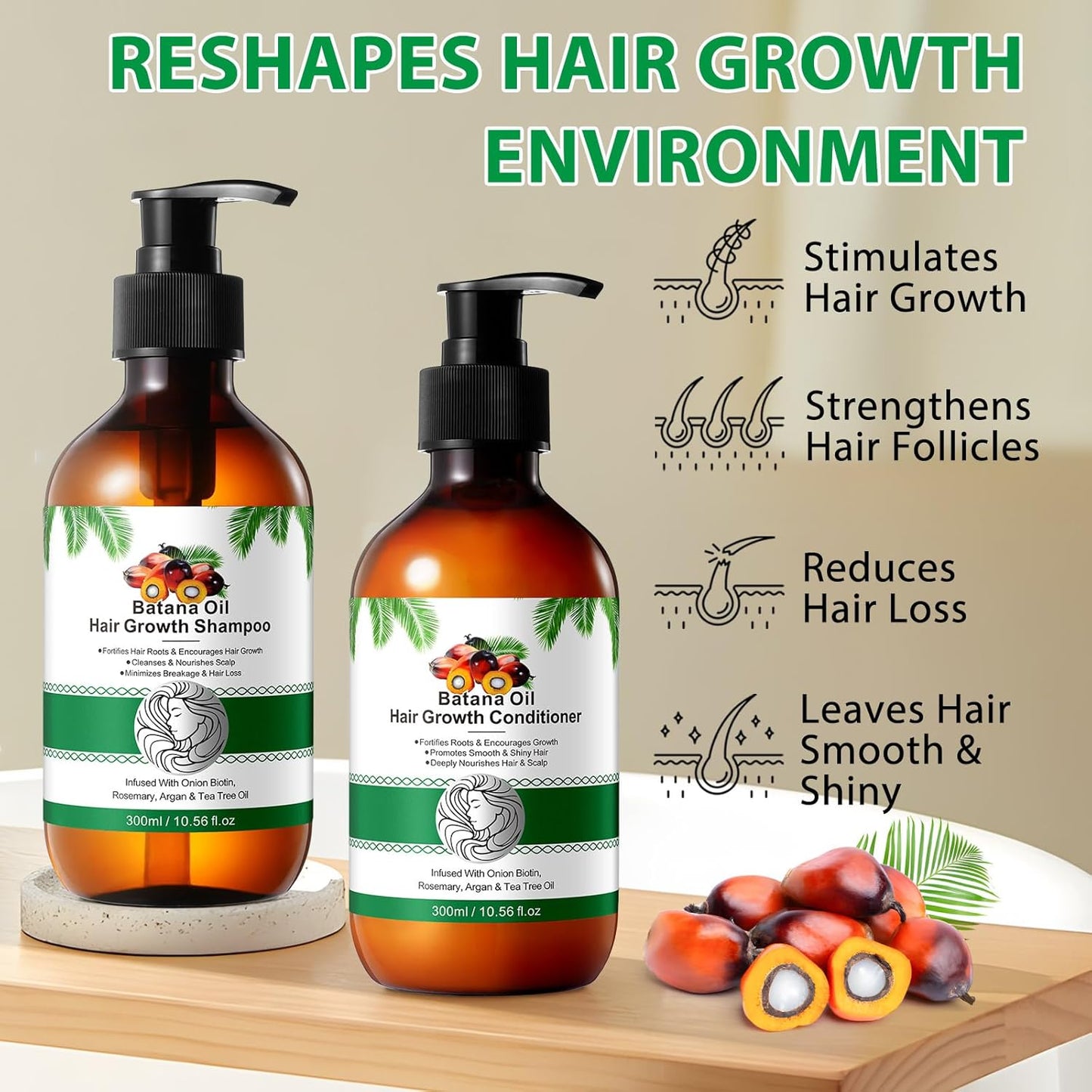 Batana Oil Shampoo & Conditioner Set - Organic Hair Thickening & Growth Formula for All - Paraben & Silicone Free, 2 x 10.56 Fl Oz