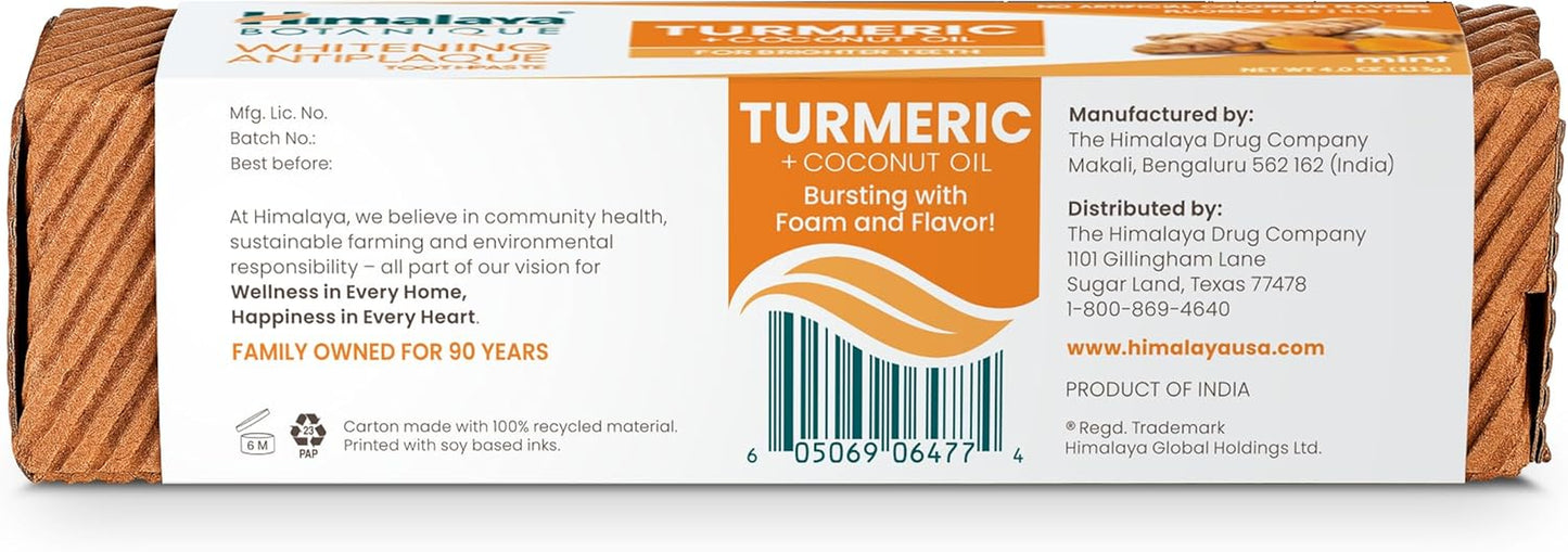 Himalaya Botanique Turmeric & Coconut Oil Whitening Toothpaste - Fluoride Free, Vegan, Antiplaque Formula with Mint Flavor - 4 Oz
