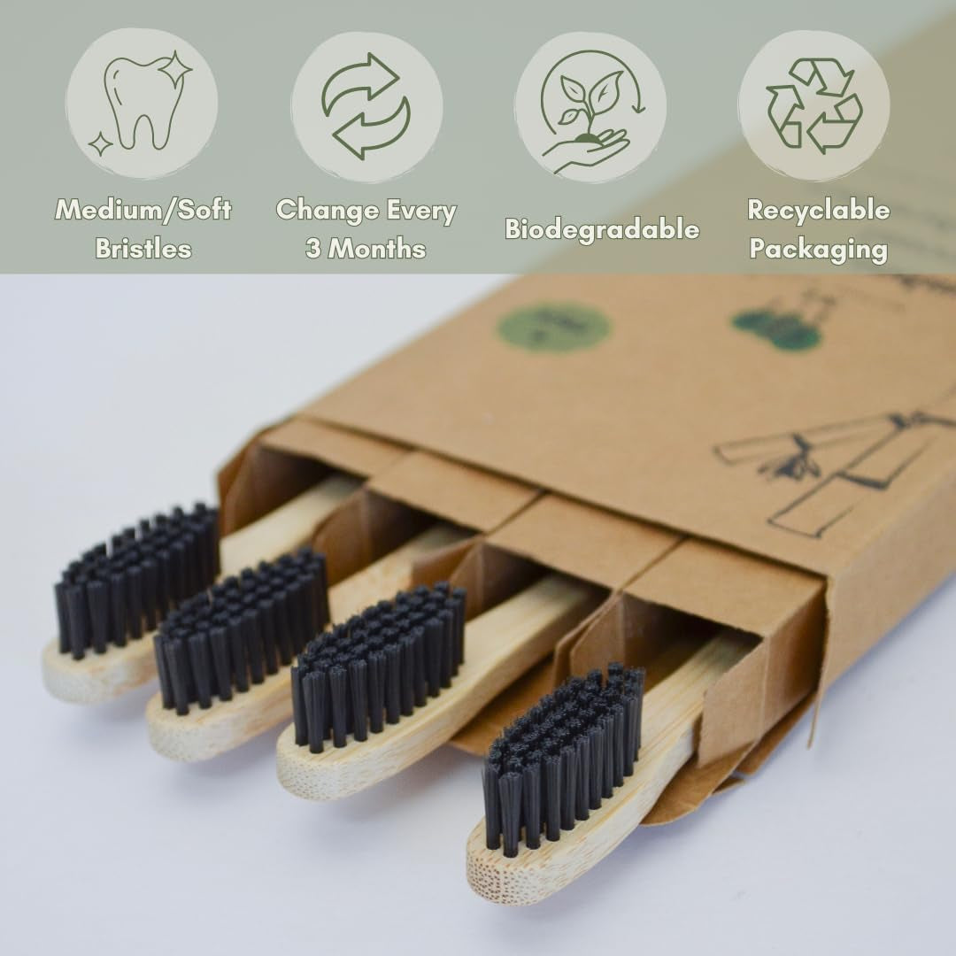 Eco-Friendly Bamboo Charcoal Toothbrush Pack - Medium Soft Bristles, Biodegradable & Sustainable (Set of 4)