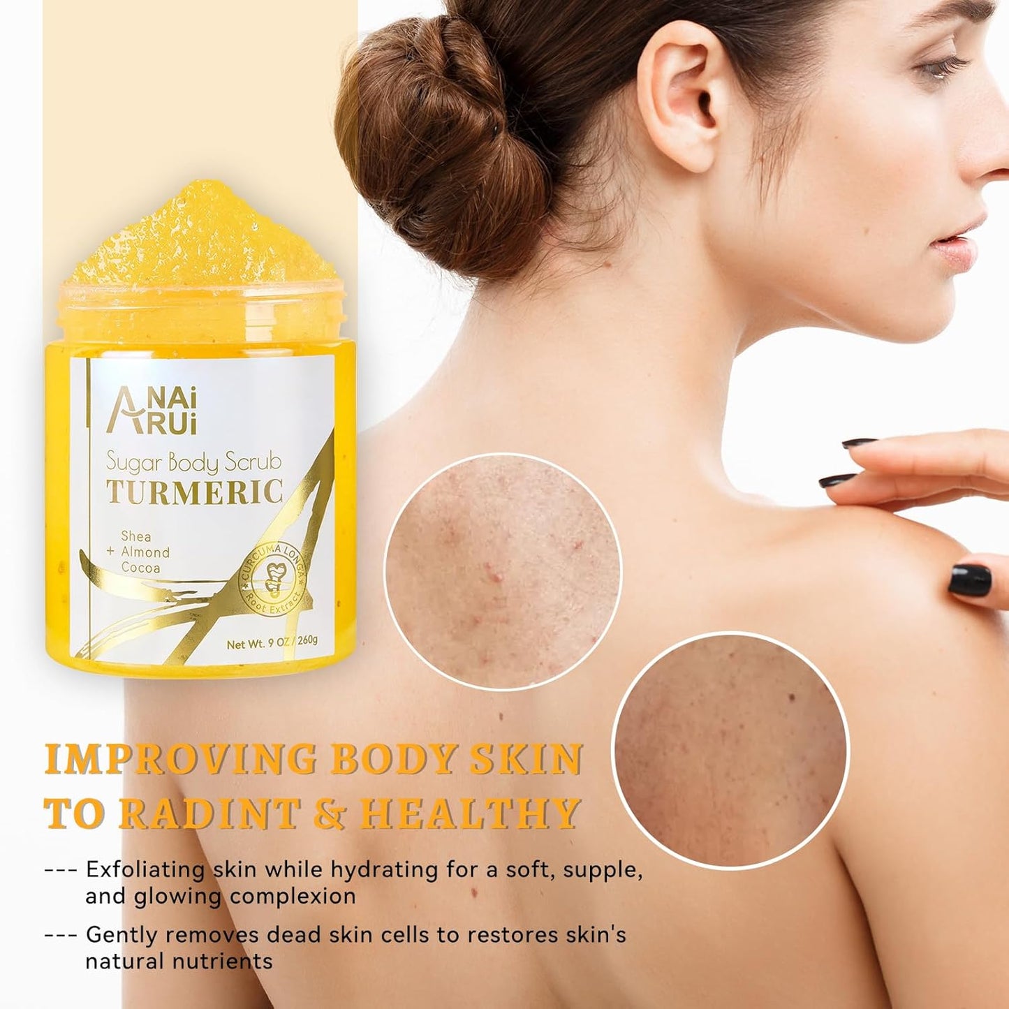 Revitalize Your Skin with ANAI RUI Turmeric Body Scrub - Exfoliating & Hydrating Sugar Scrub for Face, Body, Hands & Feet - 9 OZ