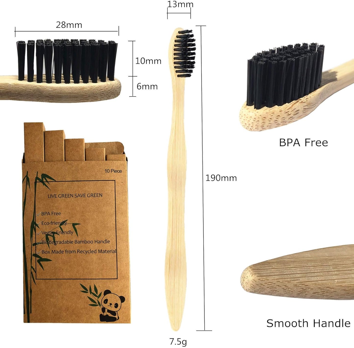Eco-Friendly Bamboo Toothbrush Set - 10 Pack of Biodegradable Wooden Brushes with Medium Firm Bristles