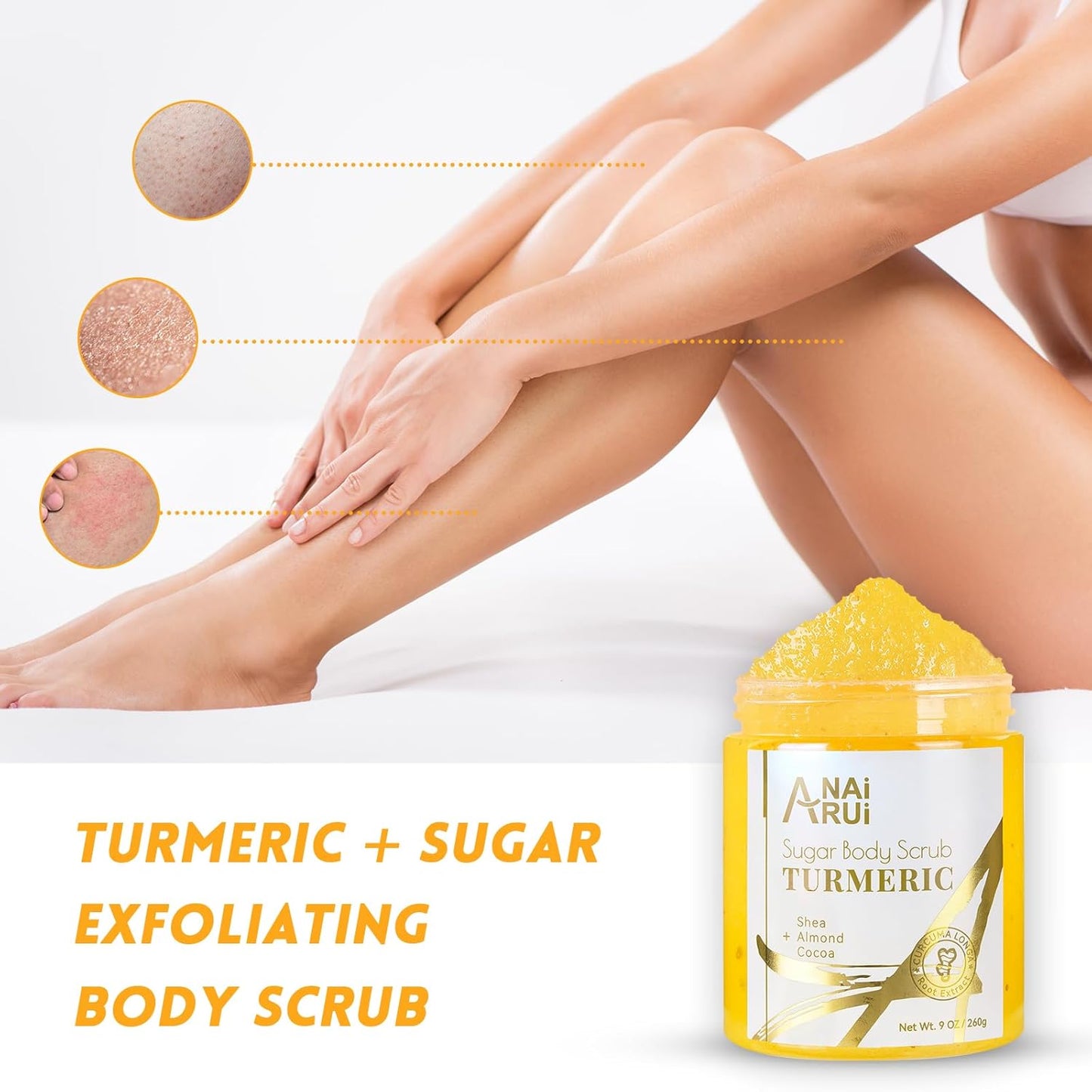 Revitalize Your Skin with ANAI RUI Turmeric Body Scrub - Exfoliating & Hydrating Sugar Scrub for Face, Body, Hands & Feet - 9 OZ