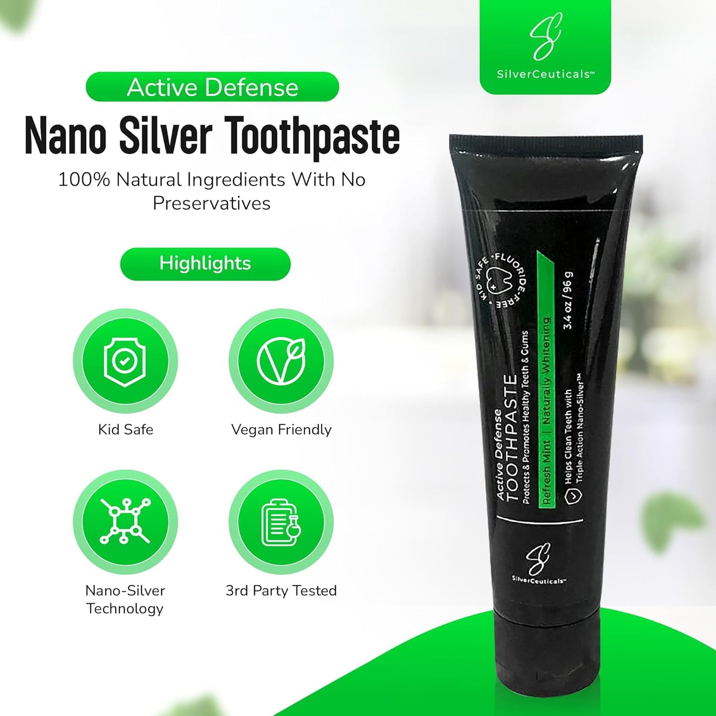 Colloidal Silver Toothpaste with Coral Calcium & Xylitol - Refreshing Mint Flavor - Fluoride & SLS Free - Remineralizes Enamel & Promotes Gum Health - 3.4 Oz