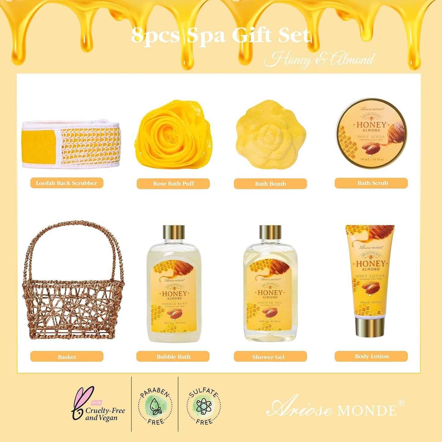 Indulge in Relaxation: 8-Piece Honey Almond Spa Gift Basket for Women - Perfect Birthday, Christmas, or Thank You Gift!