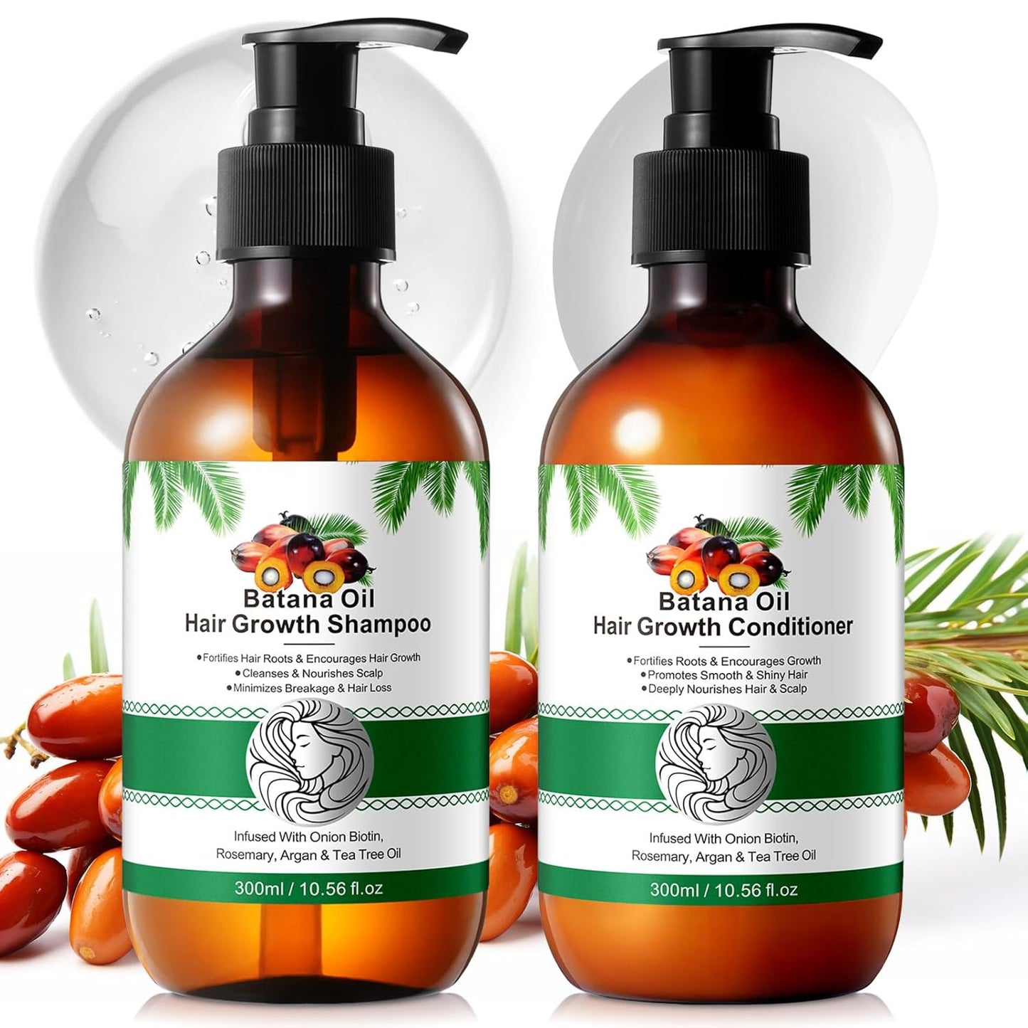 Batana Oil Shampoo & Conditioner Set - Organic Hair Thickening & Growth Formula for All - Paraben & Silicone Free, 2 x 10.56 Fl Oz