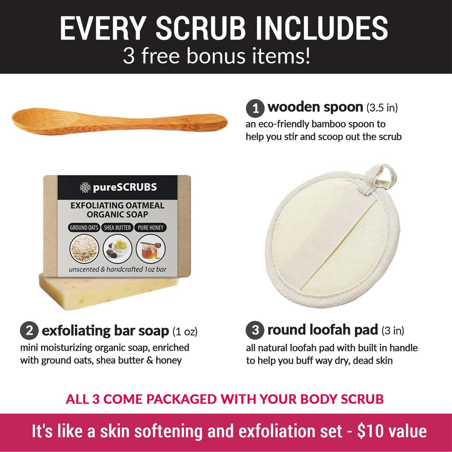 Indulge in Purescrubs Premium Coconut Body Scrub Set - 16oz Dead Sea Salt Scrub with Essential Oils, Includes Wooden Spoon, Loofah & Exfoliating Oatmeal Soap