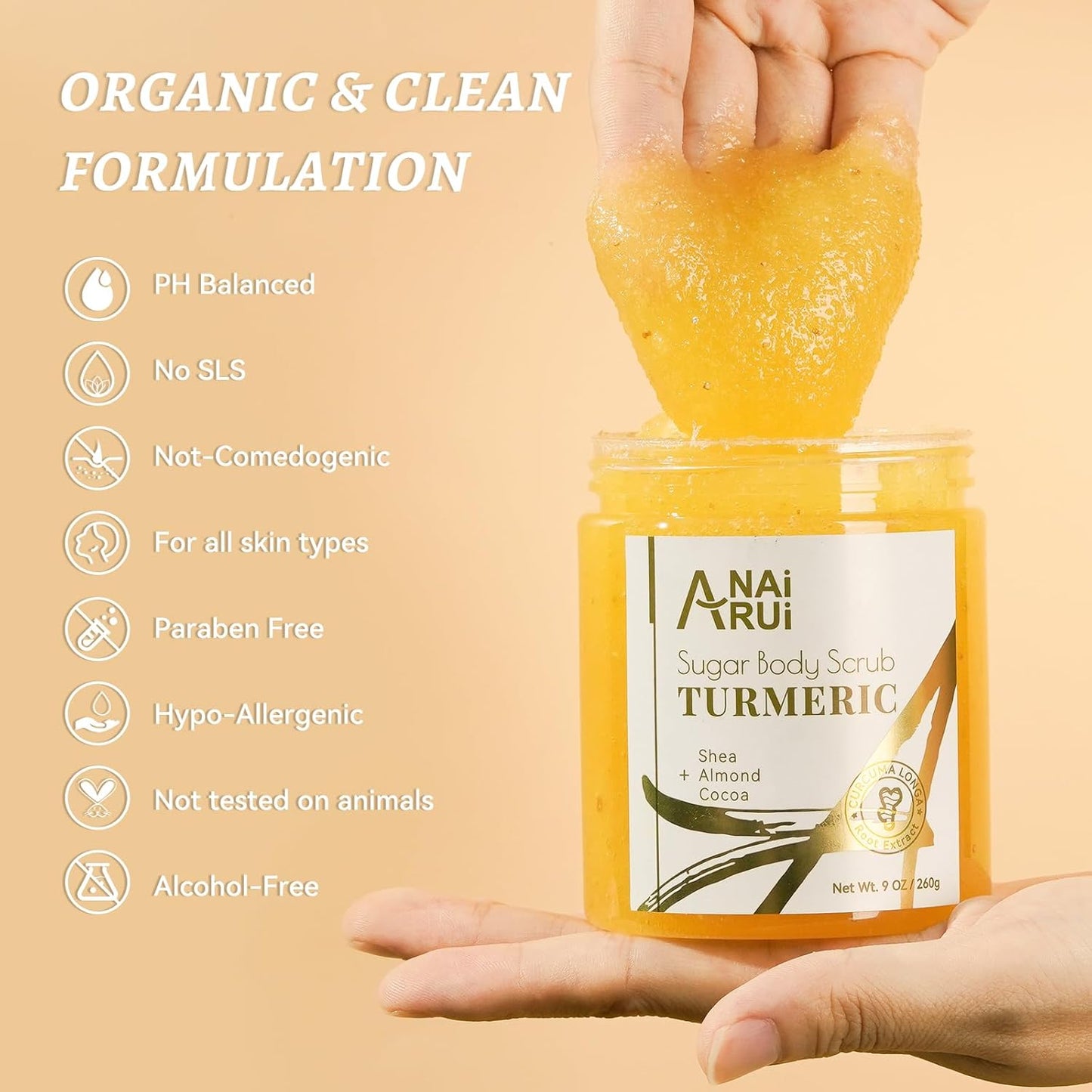 Revitalize Your Skin with ANAI RUI Turmeric Body Scrub - Exfoliating & Hydrating Sugar Scrub for Face, Body, Hands & Feet - 9 OZ