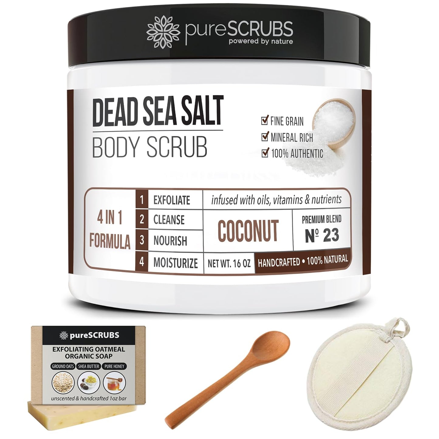 Indulge in Purescrubs Premium Coconut Body Scrub Set - 16oz Dead Sea Salt Scrub with Essential Oils, Includes Wooden Spoon, Loofah & Exfoliating Oatmeal Soap