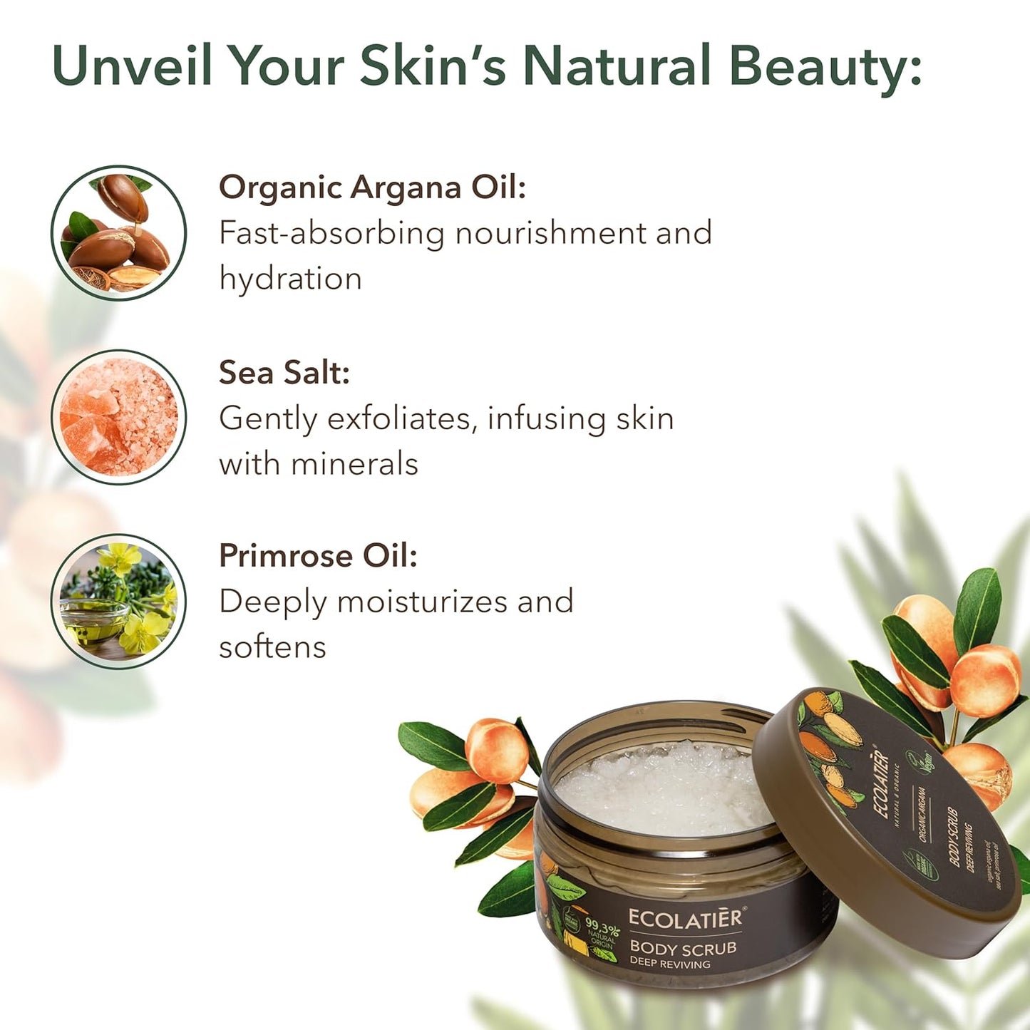 Revitalize Your Skin with ECOLATIER Organic Argan Oil Body Scrub – 99.3% Natural, Vegan Exfoliating Salt Scrub for Smooth, Hydrated Skin - 8.5 Fl Oz