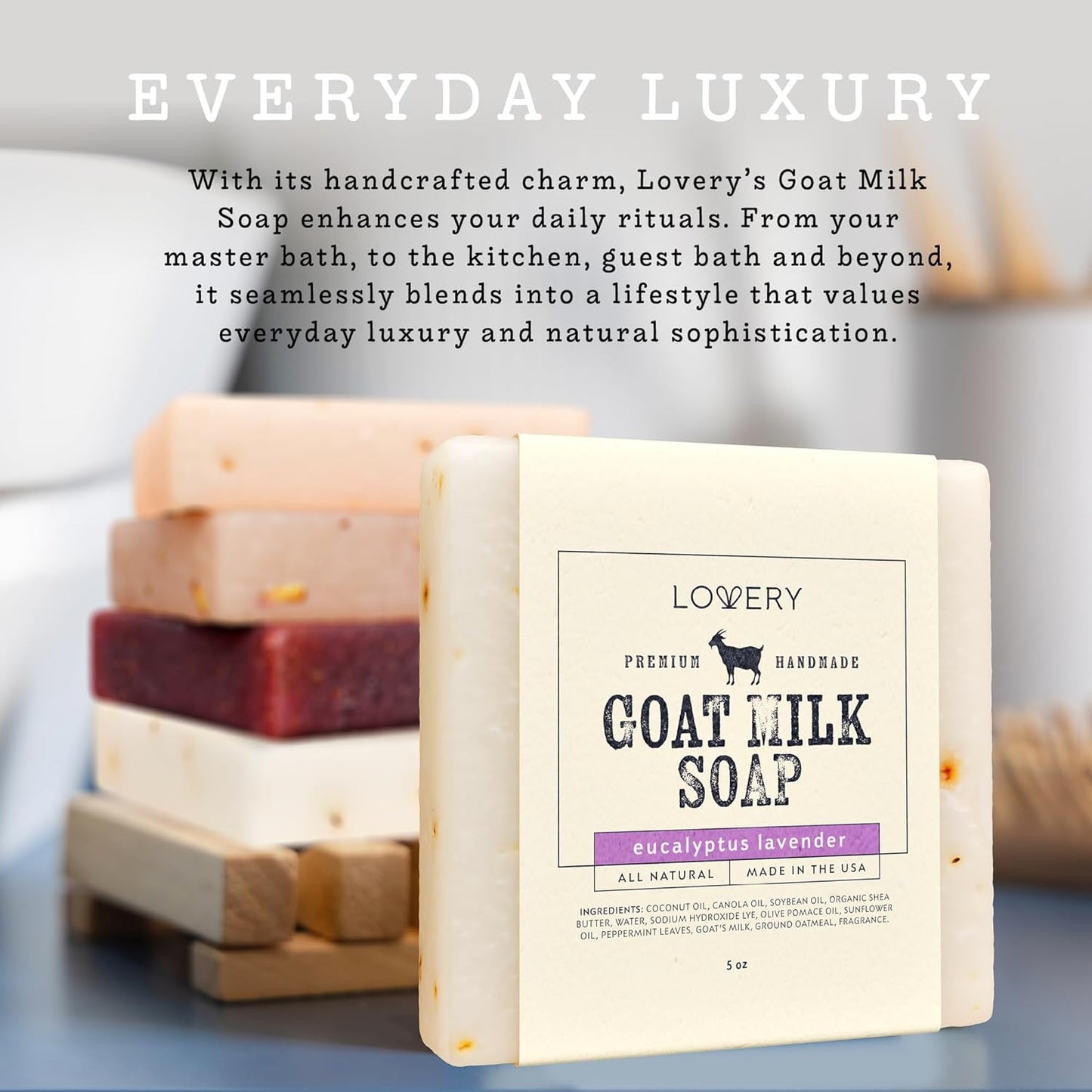Indulge in Luxury: LOVERY Goat Milk Soap with Organic Shea Butter - 5 Pack of All-Natural Soap Bars in Oatmeal, Eucalyptus Lavender, Moroccan Vanilla, Hydrangea Rose, Patchouli Sandalwood