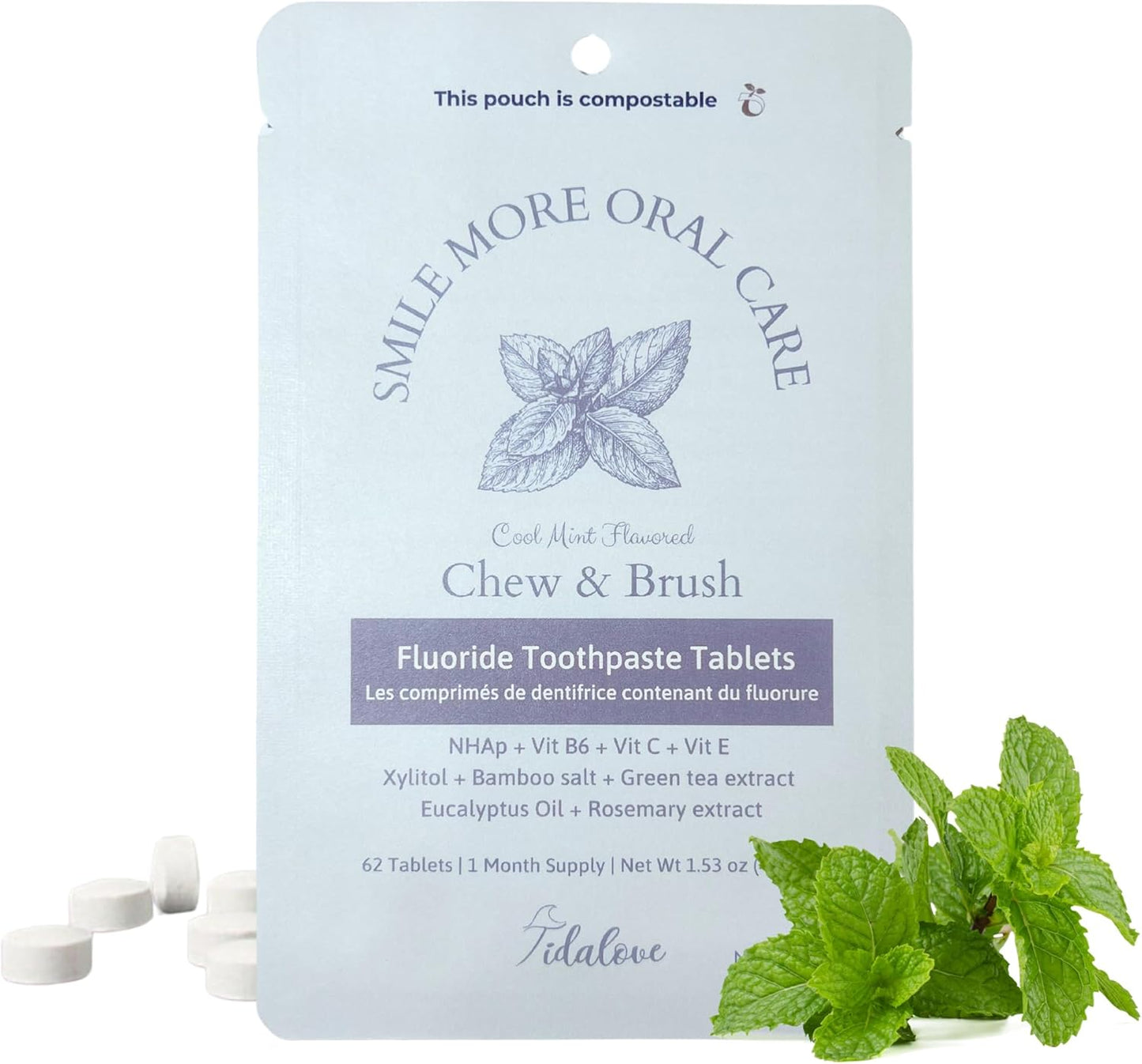Smile More Toothpaste Tablets - Vegan, Fluoride-Enriched, Enamel Strengthening, Zero Waste, Cool Mint Flavor, 248 Tablets for 4-Month Supply, Travel-Friendly Paper Refill