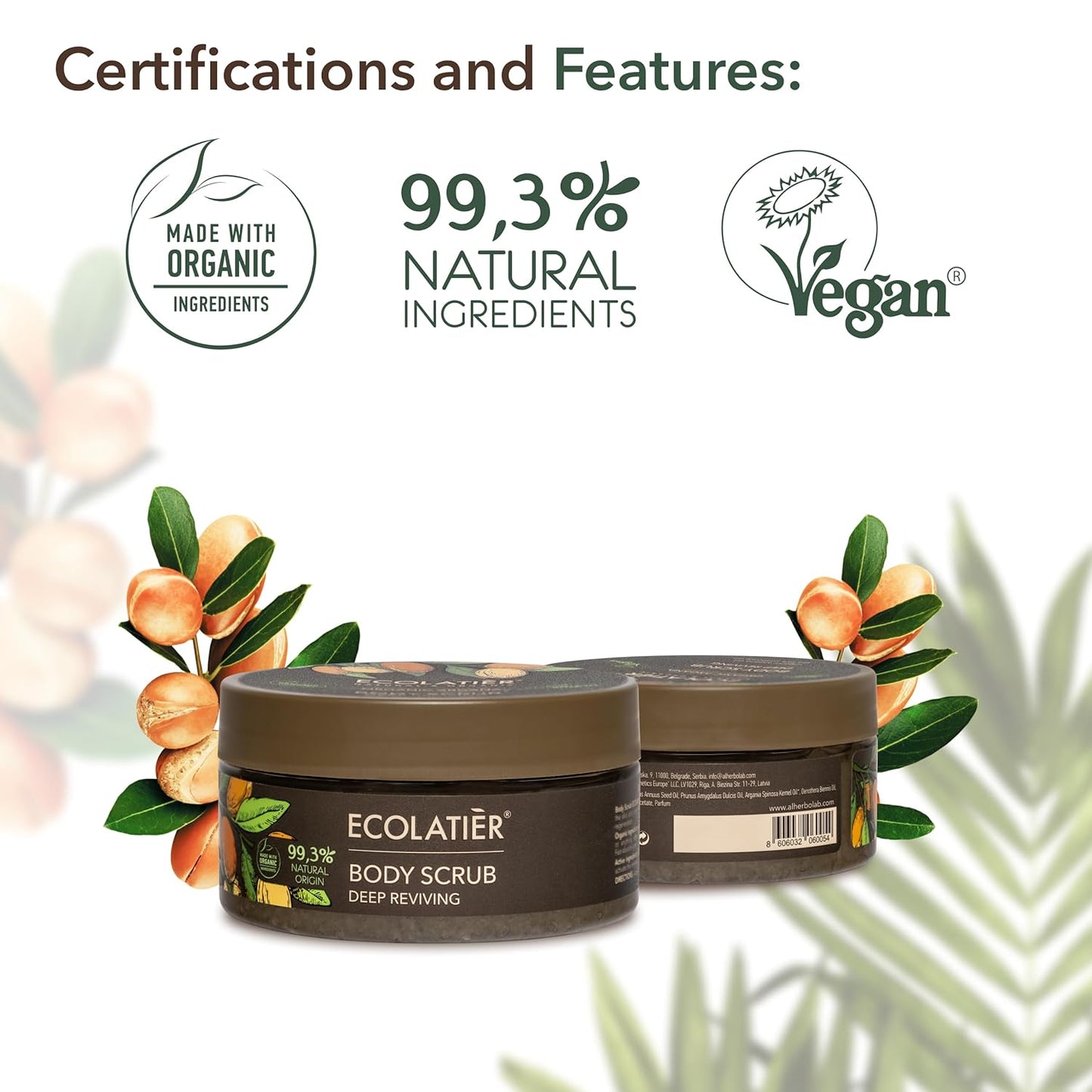 Revitalize Your Skin with ECOLATIER Organic Argan Oil Body Scrub – 99.3% Natural, Vegan Exfoliating Salt Scrub for Smooth, Hydrated Skin - 8.5 Fl Oz