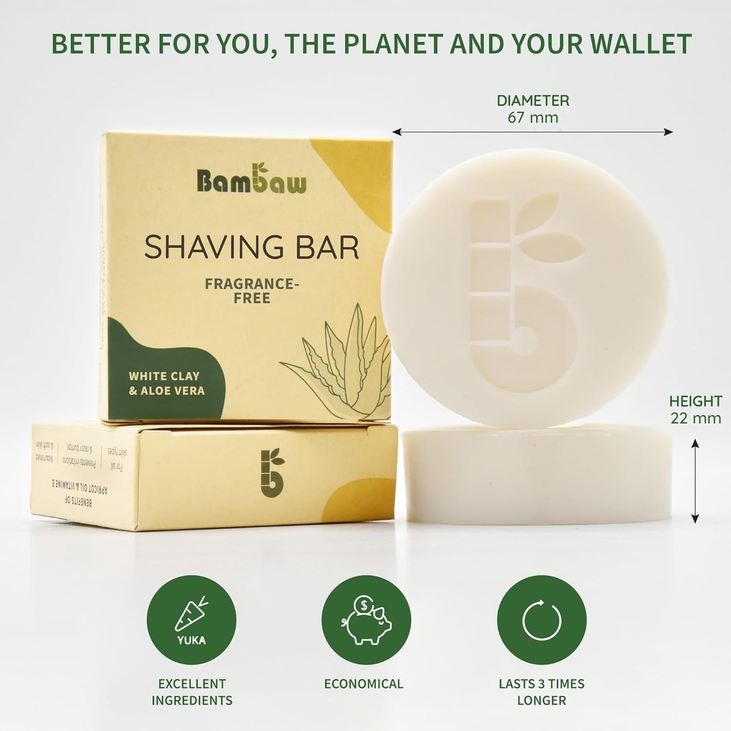 Bambaw Organic Shaving Soap Bar - 2.8 Oz - White Clay & Aloe Vera Formula for Sensitive Skin - Natural, Unscented, Vegan Shaving Soap Puck