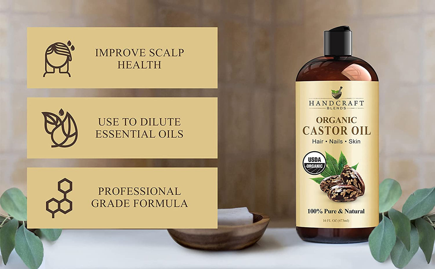 Handcraft Blends Organic Castor Oil - 16 Fl Oz - 100% Pure & Natural - Premium Carrier Oil for Hair Growth, Eyelashes & Eyebrows - Expeller-Pressed & Hexane-Free