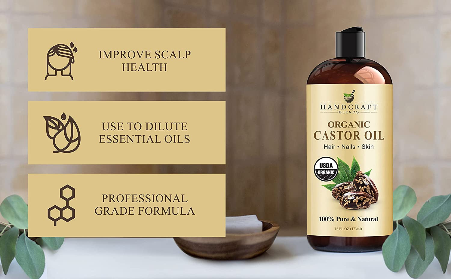 Handcraft Blends Organic Castor Oil - 16 Fl Oz - 100% Pure & Natural - Premium Carrier Oil for Hair Growth, Eyelashes & Eyebrows - Expeller-Pressed & Hexane-Free