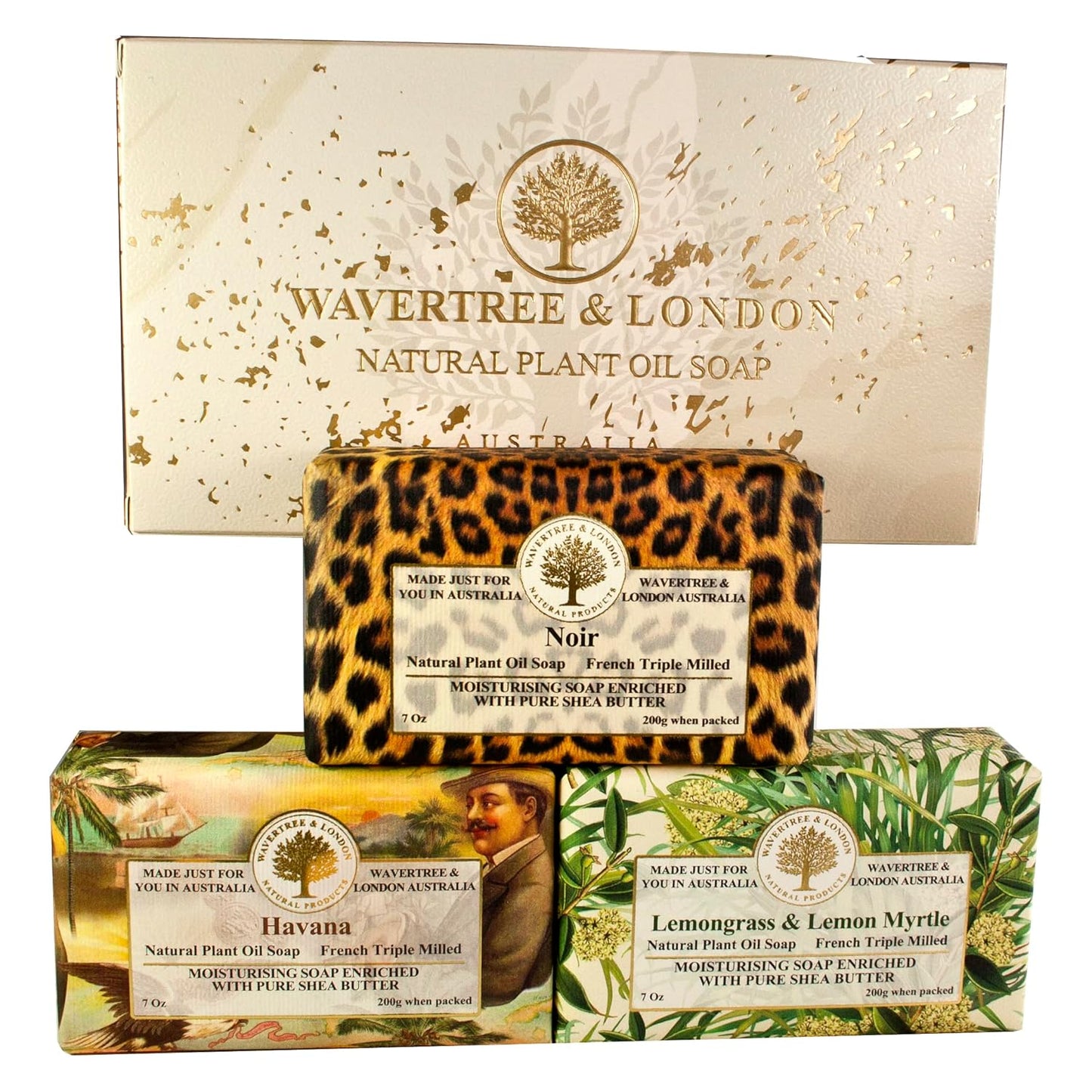Wavertree & London Luxurious Trio Gift Box - 3 Scented French Triple Milled Soap Bars in Noir, Lemongrass & Havana - Perfect for All Skin Types!