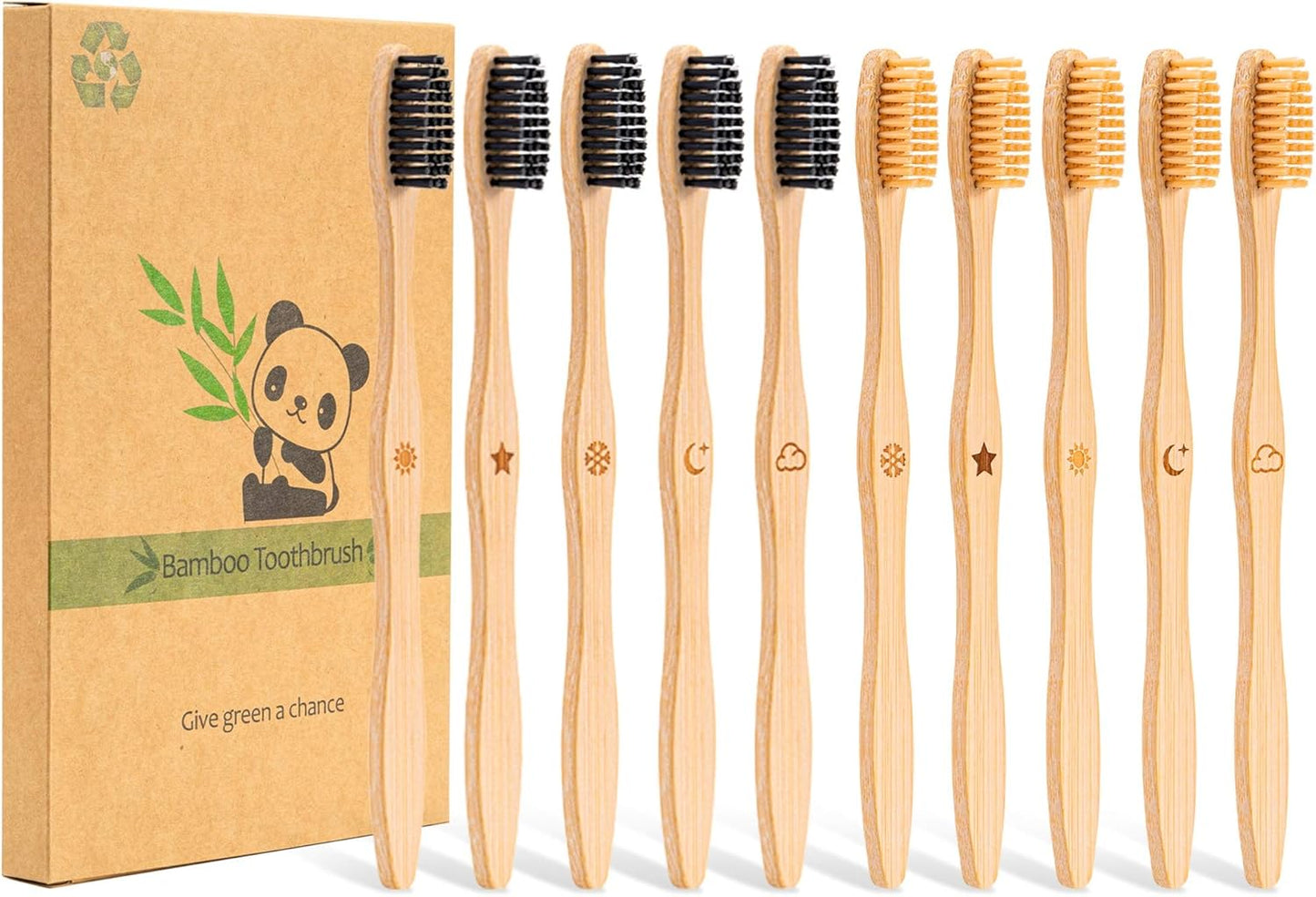Eco-Friendly Bamboo Toothbrush Set - 10 Pack of Biodegradable Wooden Brushes with Medium Firm Bristles