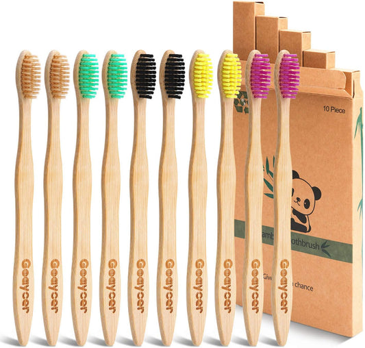 Eco-Friendly Bamboo Toothbrush Set - 10 Pack of Biodegradable Wooden Brushes with Medium Firm Bristles