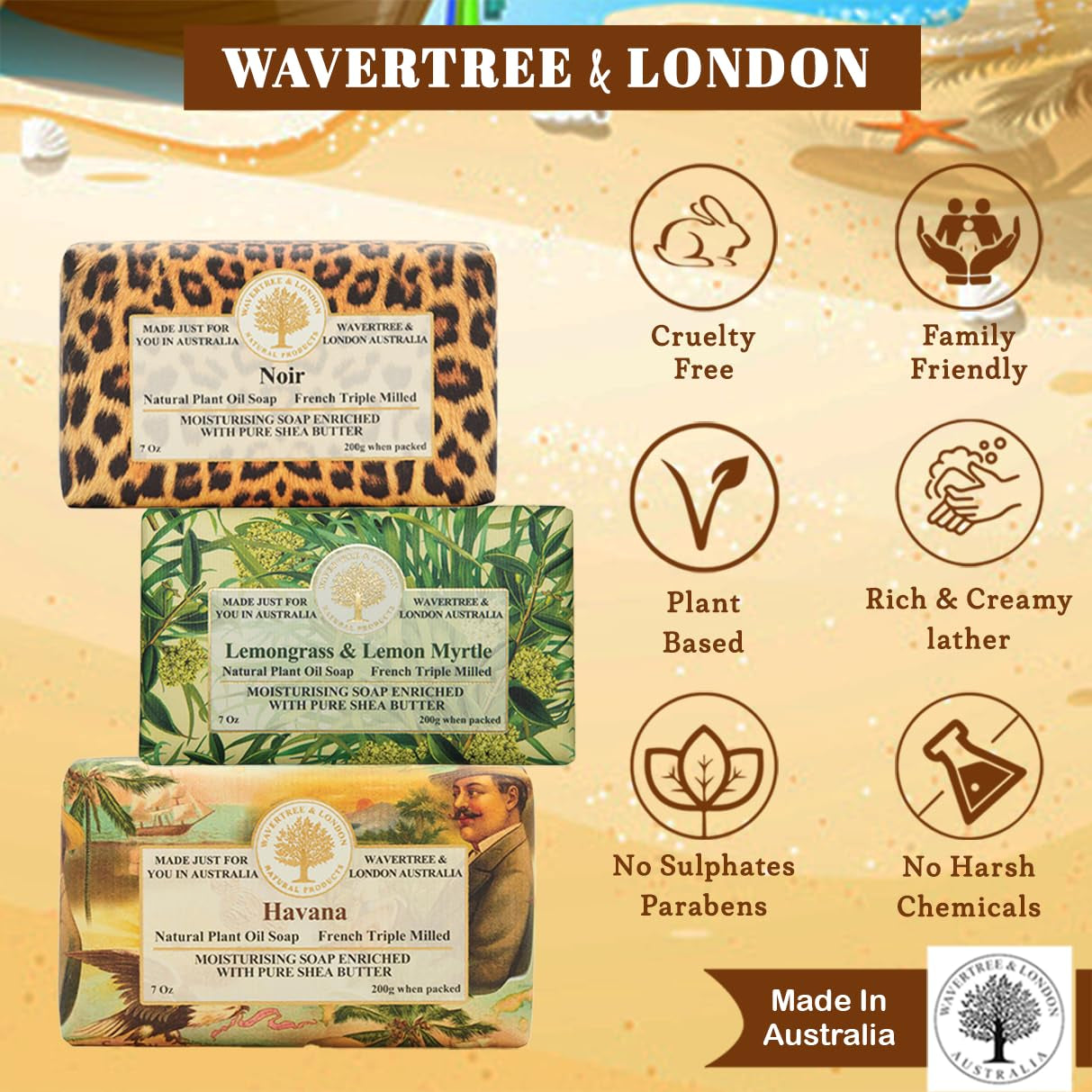 Wavertree & London Luxurious Trio Gift Box - 3 Scented French Triple Milled Soap Bars in Noir, Lemongrass & Havana - Perfect for All Skin Types!