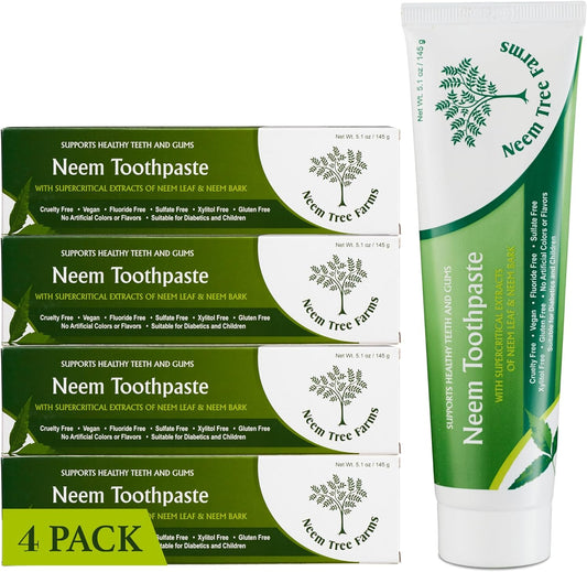 Neem Fluoride-Free Toothpaste - Family-Friendly, 100% Vegan & Natural, Gluten-Free, No Artificial Ingredients - Clove & Stevia (4 Pack)