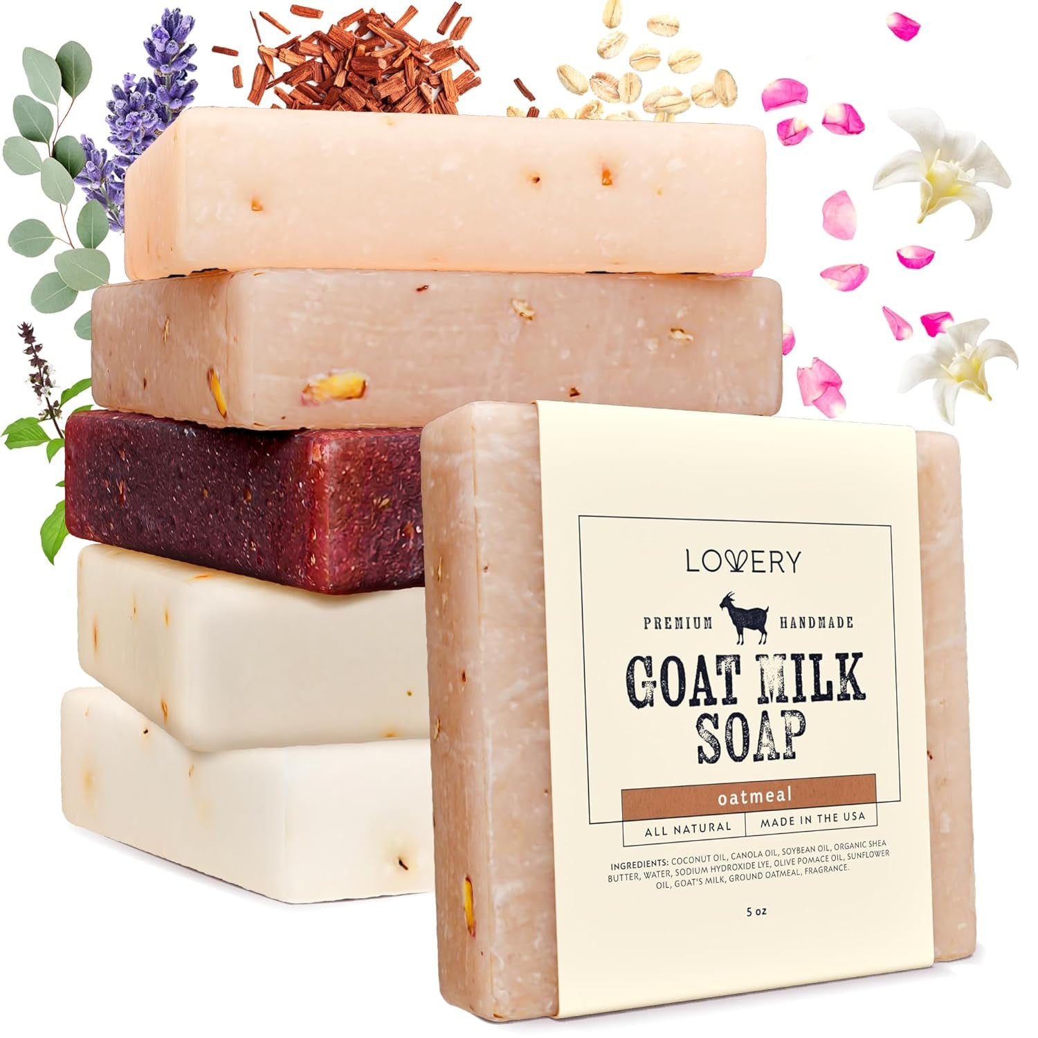 Indulge in Luxury: LOVERY Goat Milk Soap with Organic Shea Butter - 5 Pack of All-Natural Soap Bars in Oatmeal, Eucalyptus Lavender, Moroccan Vanilla, Hydrangea Rose, Patchouli Sandalwood