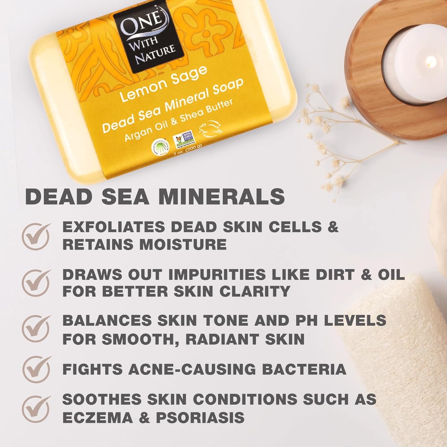Revitalize Your Skin with One with Nature Dead Sea Salt Lemon Sage Soap 3-Pack - 4oz Each, Enriched with 21 Essential Minerals for Eczema Relief, Plant-Based Formula!