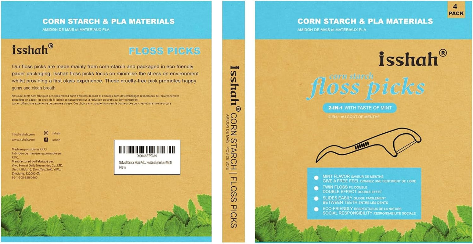 Eco-Friendly Natural Dental Floss Picks - 200 Count - PETA Approved, Vegan, Mint Flavor by Isshah