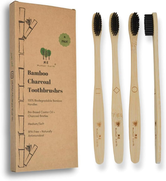 Eco-Friendly Bamboo Charcoal Toothbrush Pack - Medium Soft Bristles, Biodegradable & Sustainable (Set of 4)