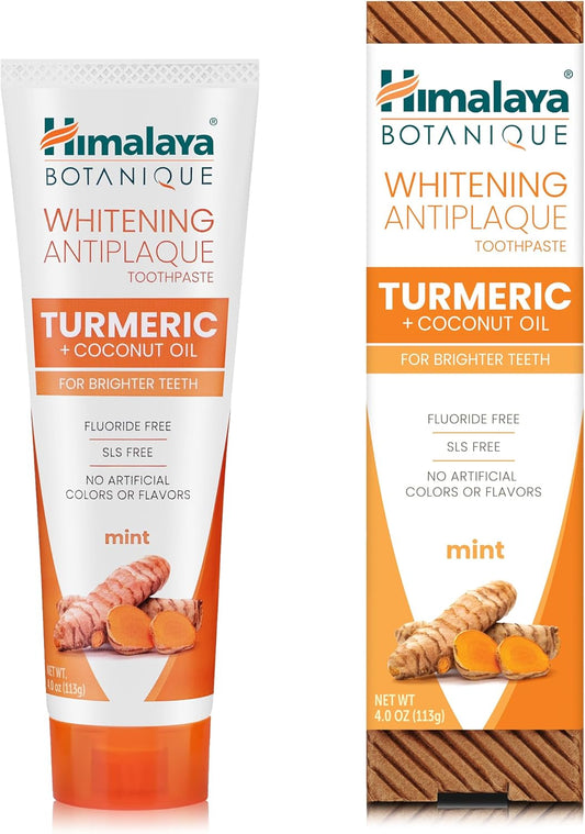 Himalaya Botanique Turmeric & Coconut Oil Whitening Toothpaste - Fluoride Free, Vegan, Antiplaque Formula with Mint Flavor - 4 Oz