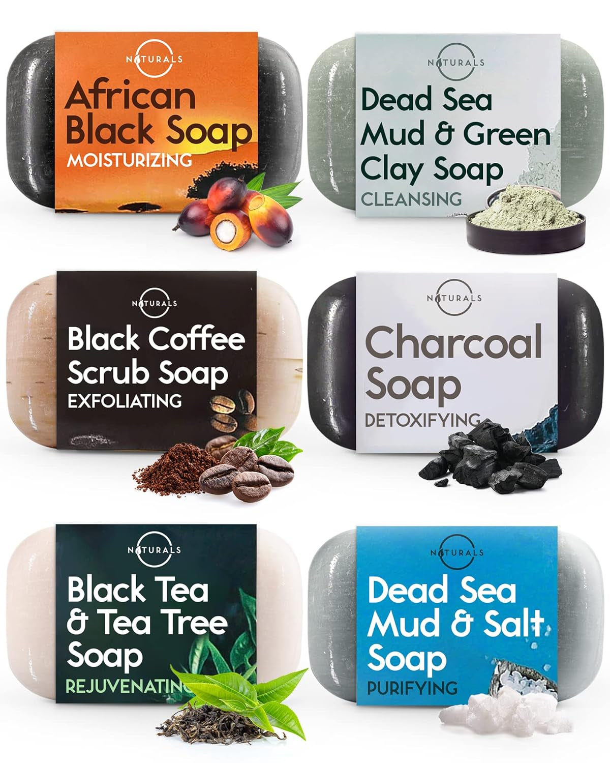 O Naturals 100% Natural Bar Soap Gift Set - Luxurious Organic & Essential Oil Collection for Spa-Like Indulgence - 6PC Black Soap Set for Men & Women