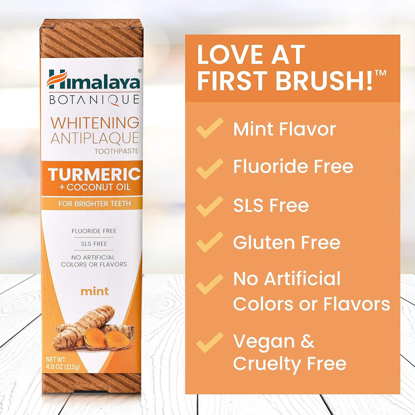 Himalaya Botanique Turmeric & Coconut Oil Whitening Toothpaste - Fluoride Free, Vegan, Antiplaque Formula with Mint Flavor - 4 Oz