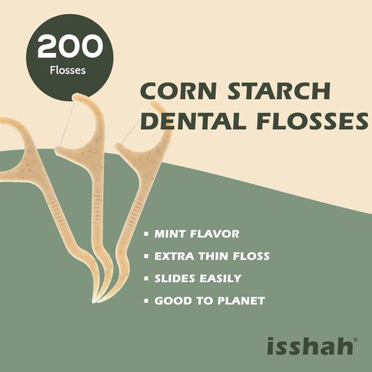 Eco-Friendly Natural Dental Floss Picks - 200 Count - PETA Approved, Vegan, Mint Flavor by Isshah