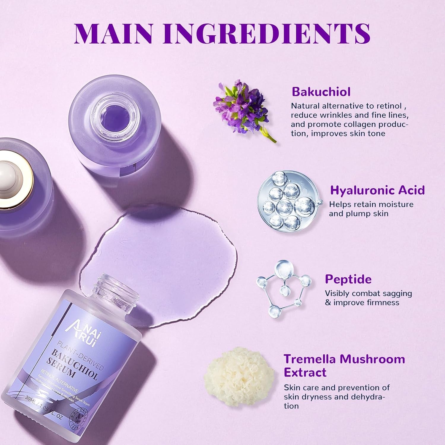 Revitalize Your Skin with ANAI RUI Bakuchiol Face Serum - The Ultimate Anti-Aging Solution Featuring Hyaluronic Acid & Peptides for All Skin Types