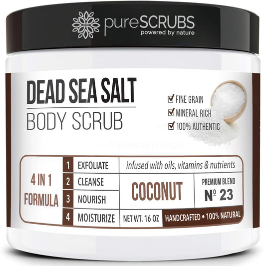 Indulge in Purescrubs Premium Coconut Body Scrub Set - 16oz Dead Sea Salt Scrub with Essential Oils, Includes Wooden Spoon, Loofah & Exfoliating Oatmeal Soap