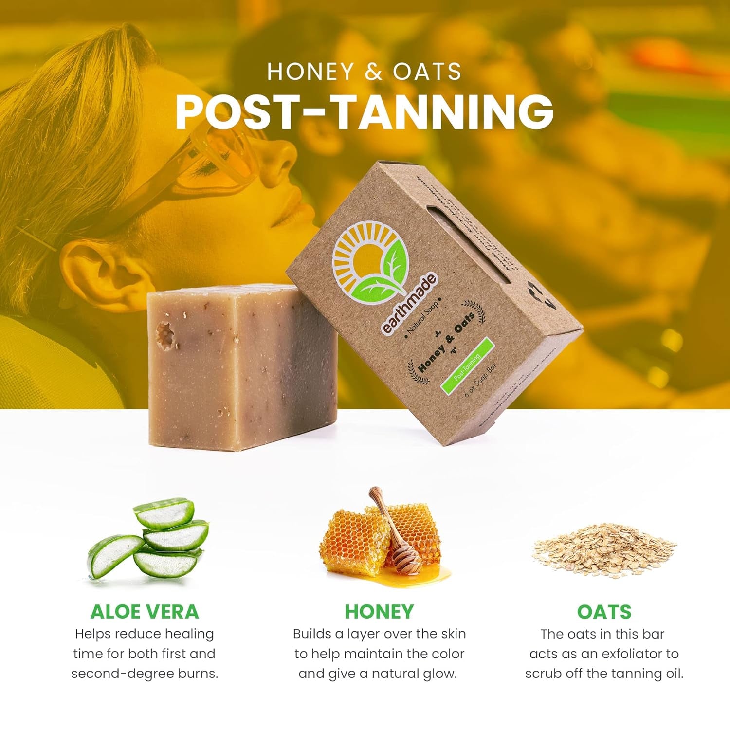 Earthmade Honey & Oats Natural Handmade Bar Soap - Gentle Body & Face Cleanser with Aloe Vera & Canola Oil, Chemical-Free, SLS-Free, Cruelty-Free (6 Oz)