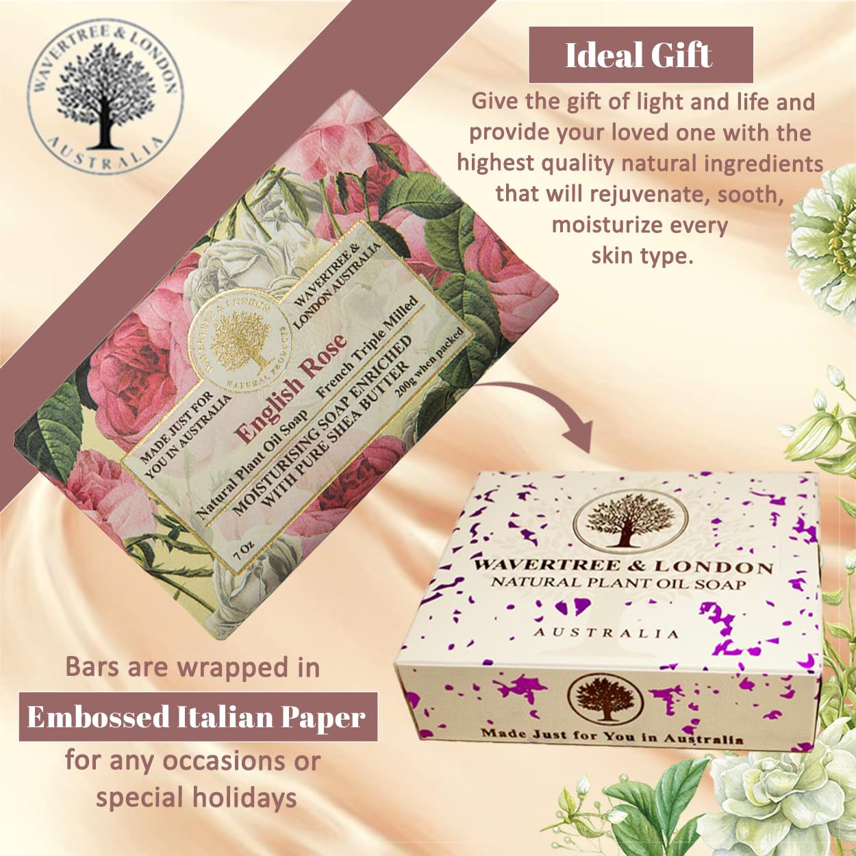 Wavertree & London English Rose Scented Natural Soap - 2 Luxurious 7Oz Triple Milled Bars with Shea Butter for Ultimate Moisturization - Perfect for All Skin Types