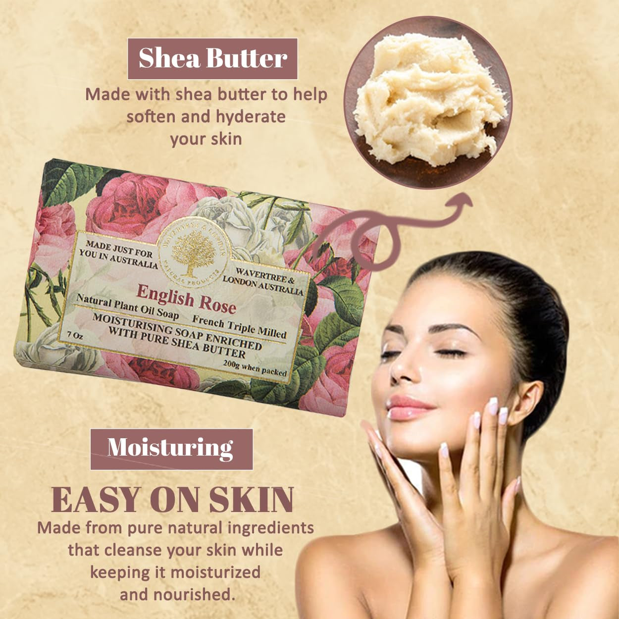 Wavertree & London English Rose Scented Natural Soap - 2 Luxurious 7Oz Triple Milled Bars with Shea Butter for Ultimate Moisturization - Perfect for All Skin Types
