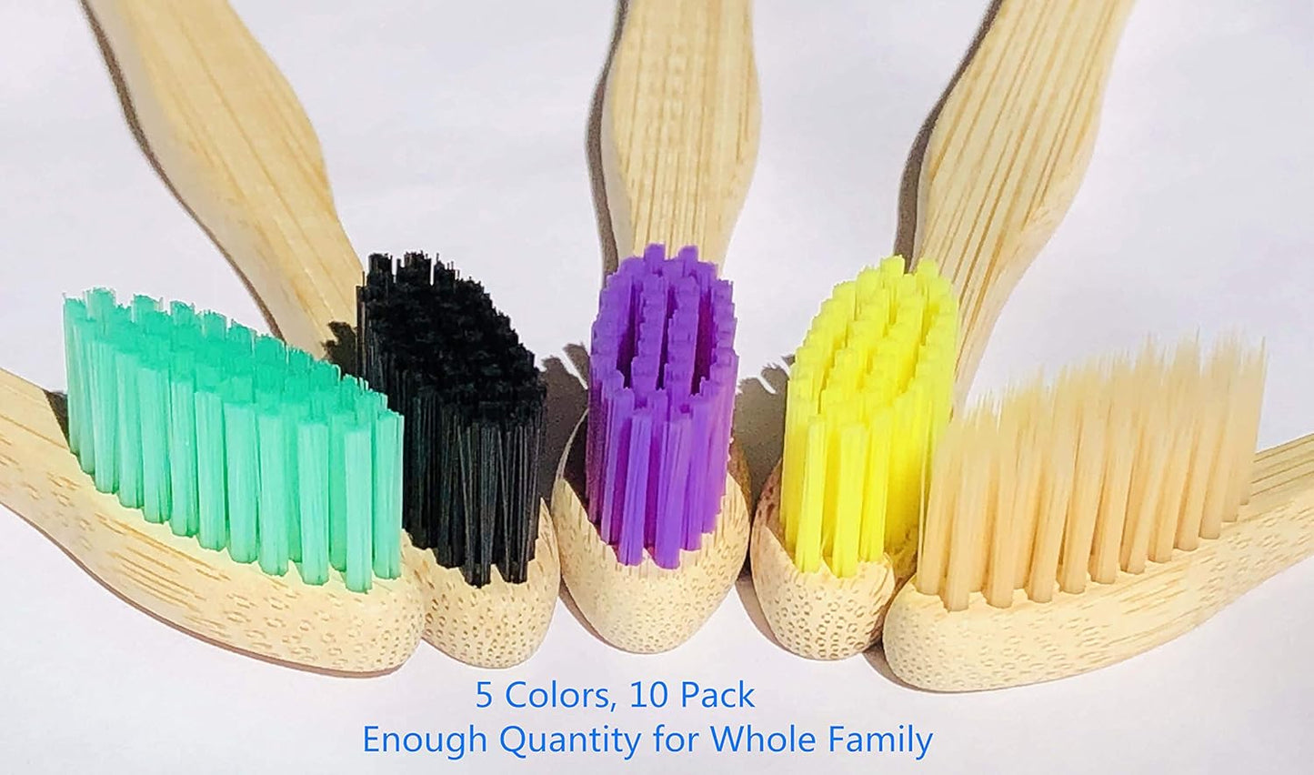 Eco-Friendly Bamboo Toothbrush Set - 10 Pack of Biodegradable Wooden Brushes with Medium Firm Bristles